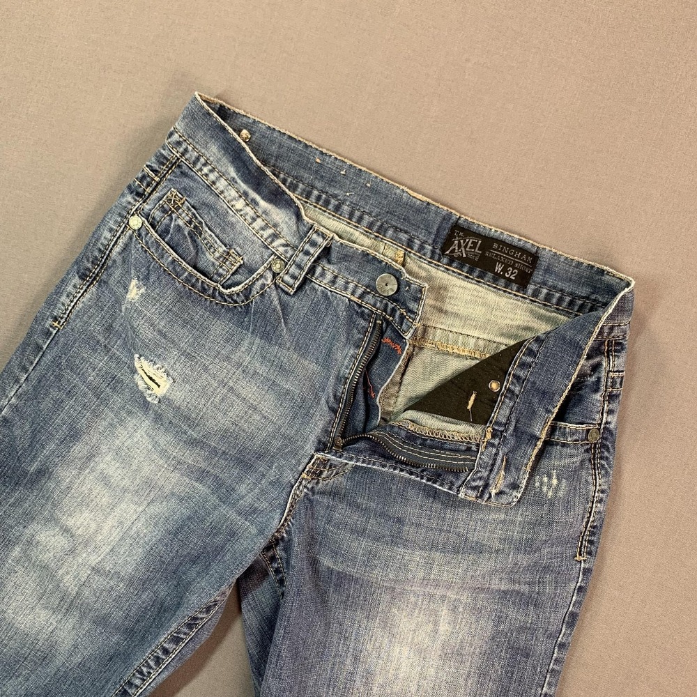 Axel Shorts Mens 32 Blue Denim Distressed Bermuda 5 Pocket Embroidered Y2K